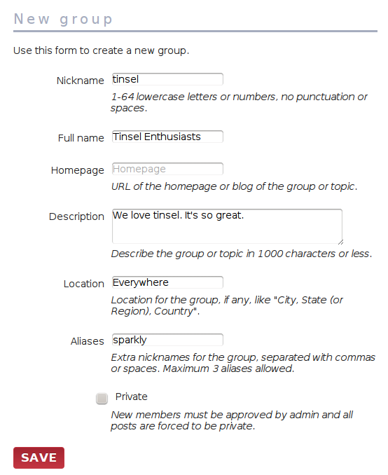 Form for creating a new group